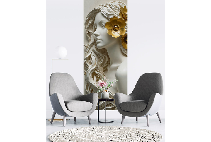 Фотообои «Лепнина с девушкой и золотым цветком» в интерьере