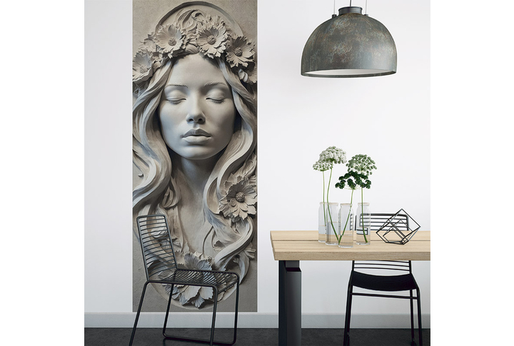 Фотообои «Девушка с вьющимися волосами и цветами под лепнину» в интерьере