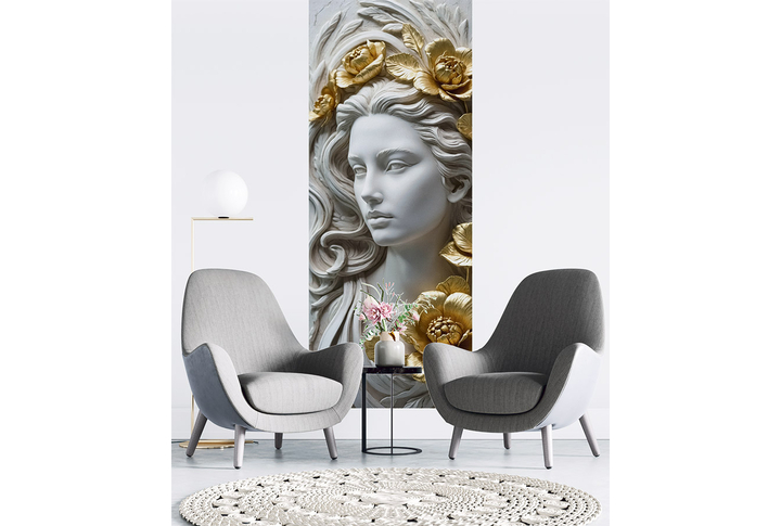 Фотообои «Красивая девушка с золотыми цветами под лепнину» в интерьере