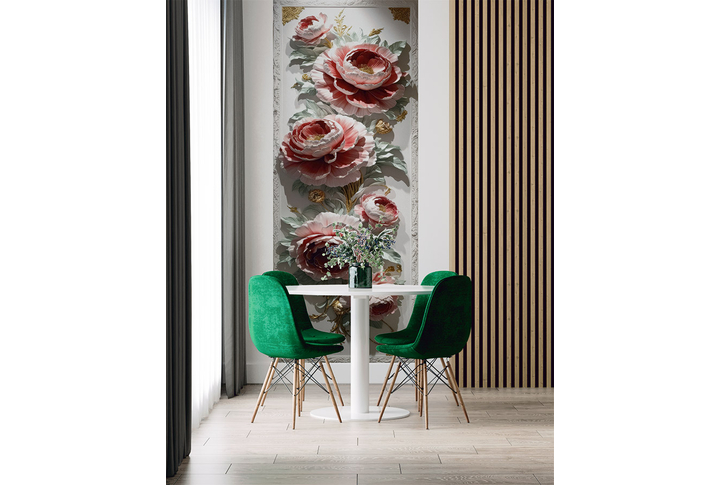 Фотообои «Роскошные пионы под лепнину» в интерьере