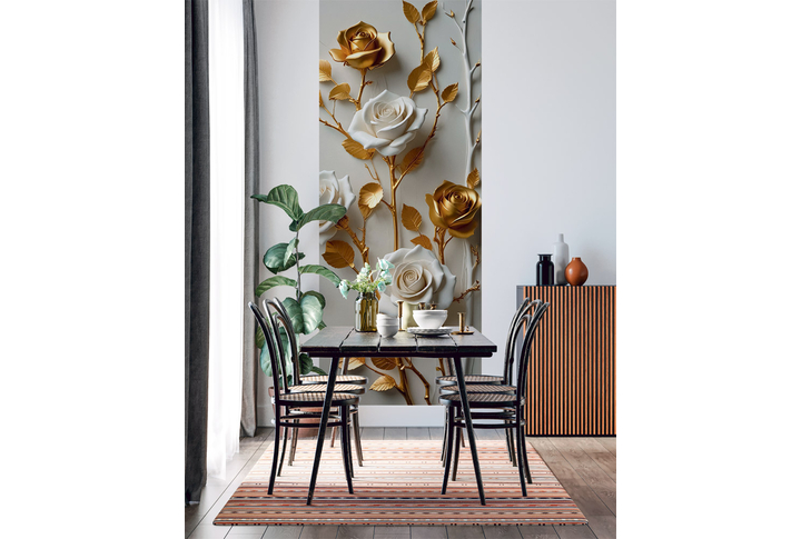 Фотообои «Белые розы в золоте под барельеф» в интерьере
