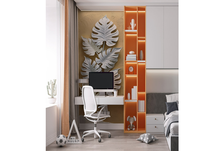 Фотообои «Белые листья монстеры под лепнину» в интерьере