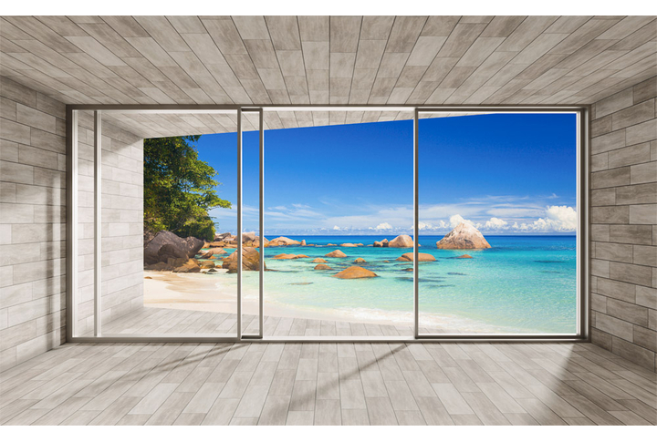 Фотообои «Окно на террасе с выходом к морскому берегу»