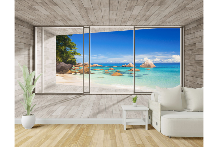 Фотообои «Окно на террасе с выходом к морскому берегу» в интерьере