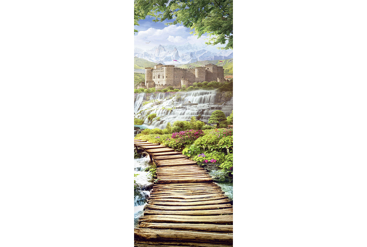 Фотообои «Дорожка через водопады к старому замку»