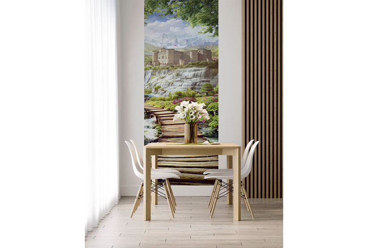 Фотообои «Дорожка через водопады к старому замку» в интерьере