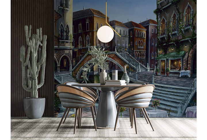 Фотообои «Улица Венеции с кафе в Италии» в интерьере
