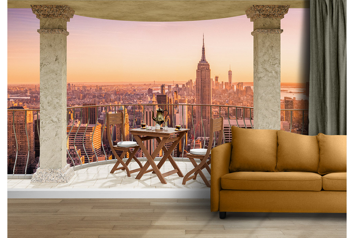 Фотообои «Вечер на террасе с видом на Нью-Йорк» в интерьере