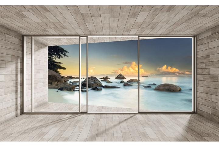 Фотообои «Большое окно с видом на вечерний пляж»