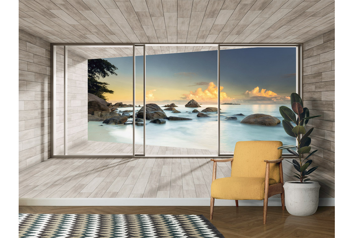 Фотообои «Большое окно с видом на вечерний пляж» в интерьере