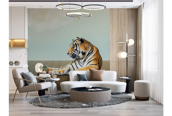 Фотообои «Тигр на полу, на фоне неба» в интерьере