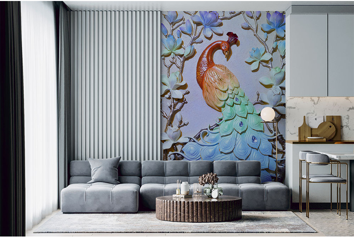 Фотообои «Павлин под барельеф в китайском стиле» в интерьере