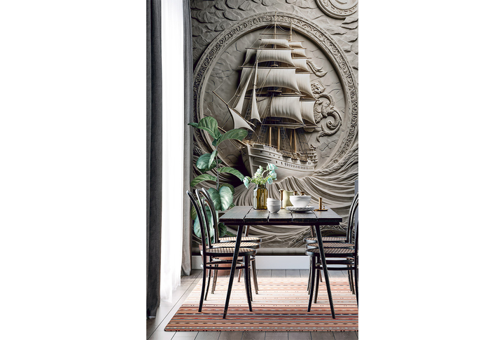 Фотообои «Барельеф с парусником 3Д» в интерьере