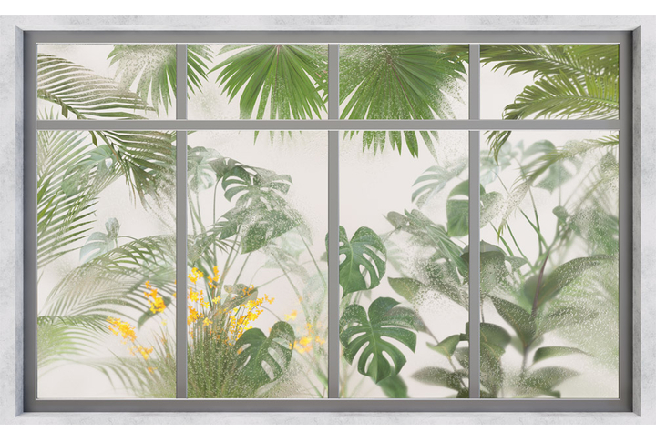 Фотообои «Запотевшее окно в тропический сад»