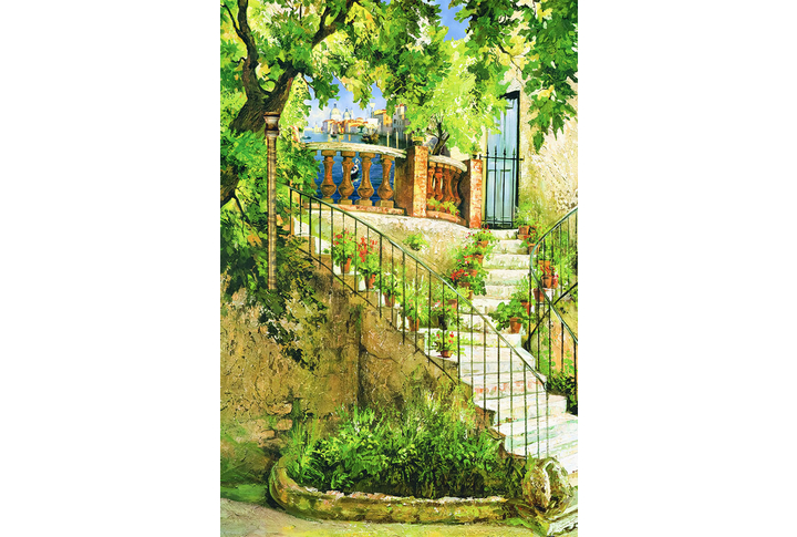 Фотообои «Лестница в саду к дому в зеленом дворике»