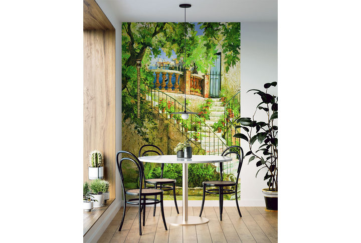 Фотообои «Лестница в саду к дому в зеленом дворике» в интерьере
