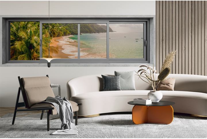 Фотообои «Вид из окна на морской пляж» в интерьере