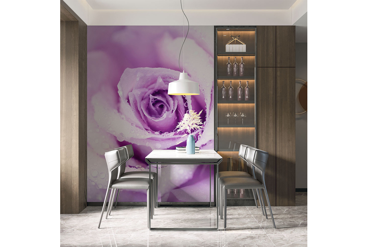 Фотообои «Большая сиреневая роза в каплях росы» в интерьере