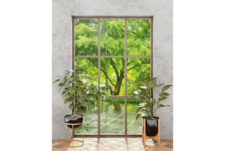 Фотообои «Окно в сад во время дождя»