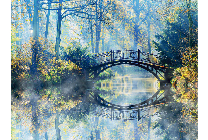 Фотообои «Осенний мостик в туманном лесу»