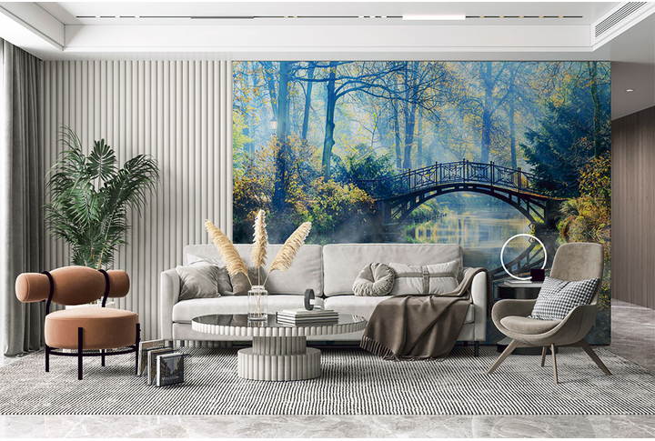 Фотообои «Осенний мостик в туманном лесу» в интерьере