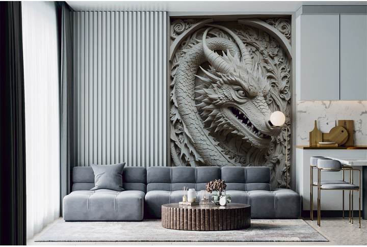 Фотообои «Стереоскопический барельеф с китайским драконом» в интерьере