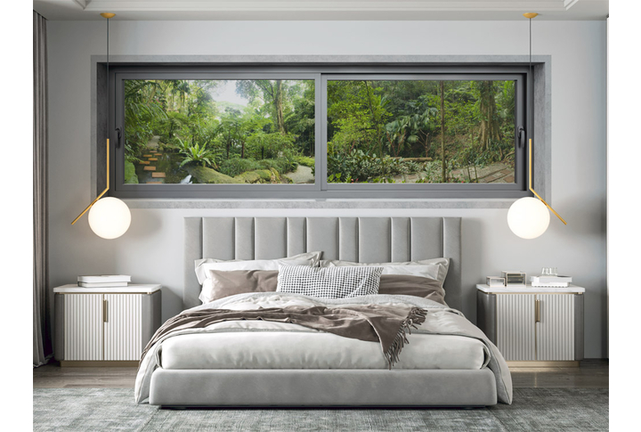 Фотообои «Панорамное окно в тропический сад» в интерьере