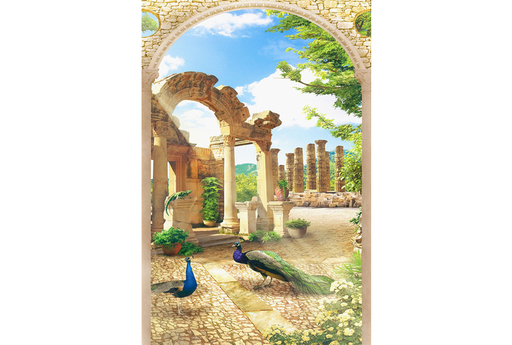Фотообои «Павлины в античном саду с арками»