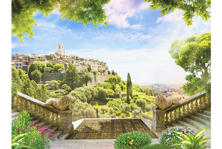 Фотообои «Лестницы в саду к террасе с видом на старый город»