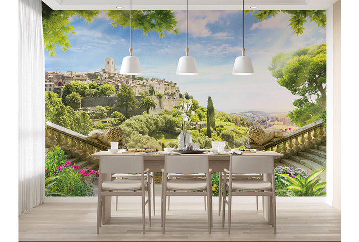 Фотообои «Лестницы в саду к террасе с видом на старый город» в интерьере