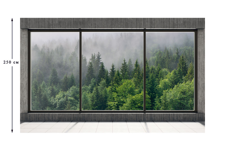 Фотообои «Оконная панорама с туманным лесом» в интерьере