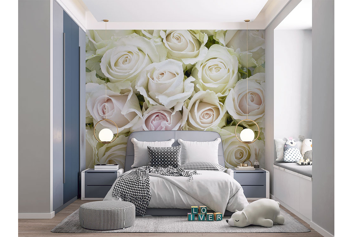 Фотообои «Цветы розы в белых и розоватых тонах» в интерьере