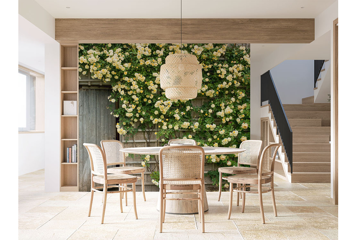 Фотообои «Желтые розы на стене деревенского домика» в интерьере