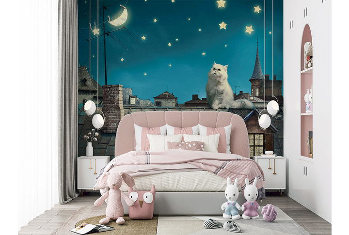 Фотообои «Лунный кот под звездным небом» в интерьере