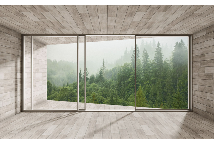 Фотообои «Окна на террасе с видом на хвойный лес»