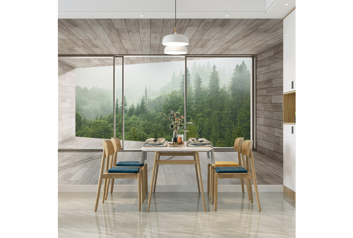 Фотообои «Окна на террасе с видом на хвойный лес» в интерьере