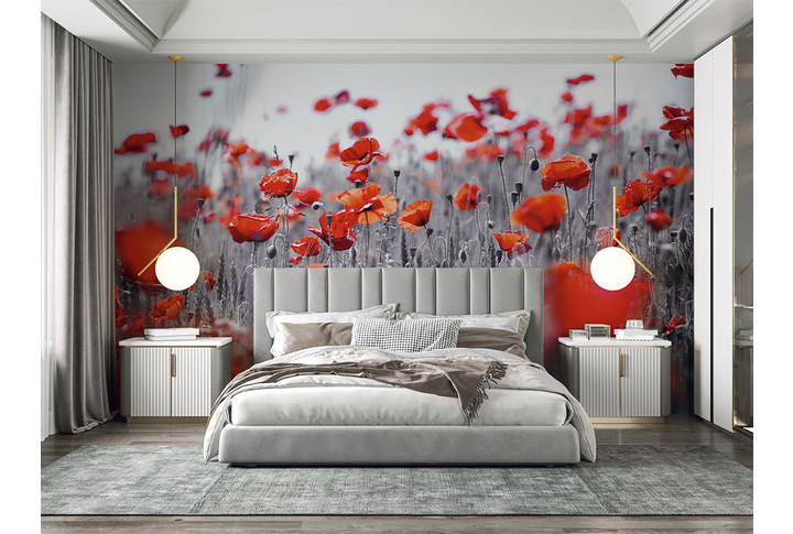 Фотообои «Красные маки в черно-белых тонах» в интерьере