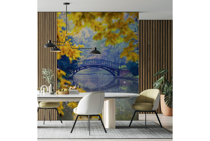 Фотообои «Мостик через озеро в осеннем парке» в интерьере