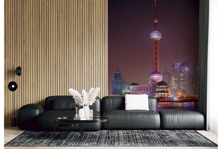 Фотообои «Башня небоскреба в ночном городе Шанхае» в интерьере