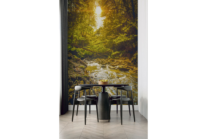 Фотообои «Солнечный осенний лес и река» в интерьере