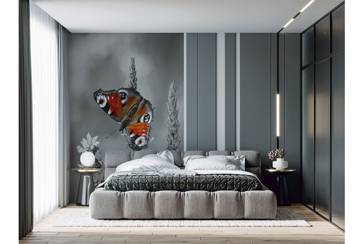 Фотообои «Яркая бабочка на черно-белом цветке» в интерьере