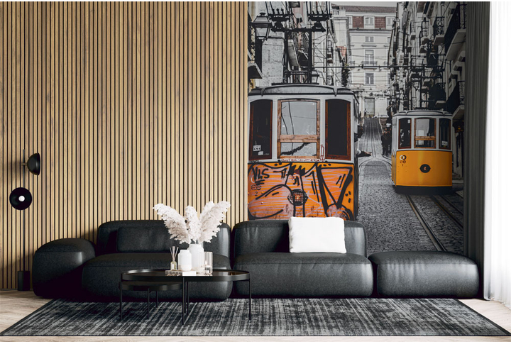 Фотообои «Черно-белая улица города и желтый трамвай» в интерьере