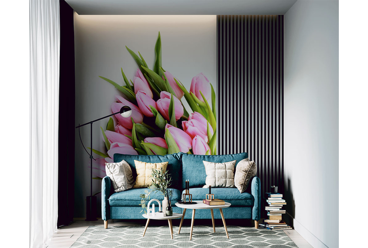 Фотообои «Розовые тюльпаны в букете» в интерьере