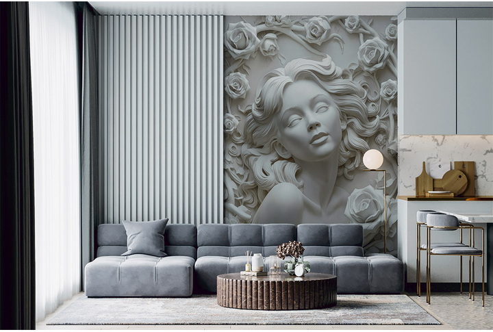 Фотообои «Скульптура девушка и вьющиеся розы» в интерьере