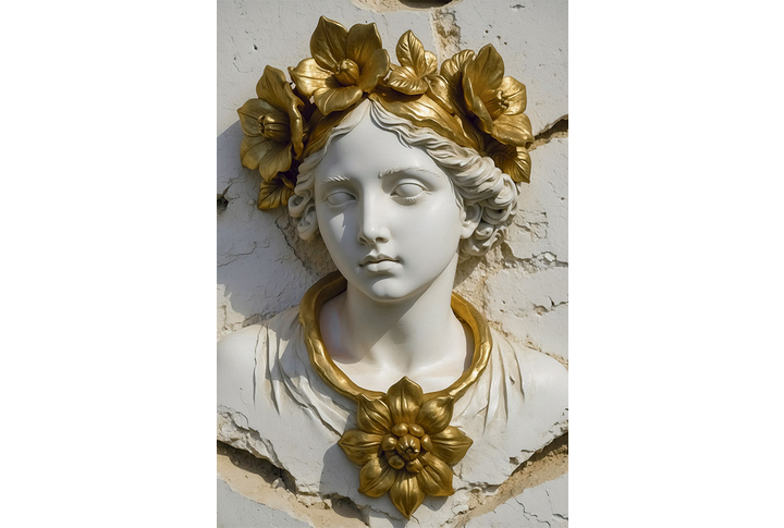 Фотообои «Барельеф каменная дева с золотыми цветами»