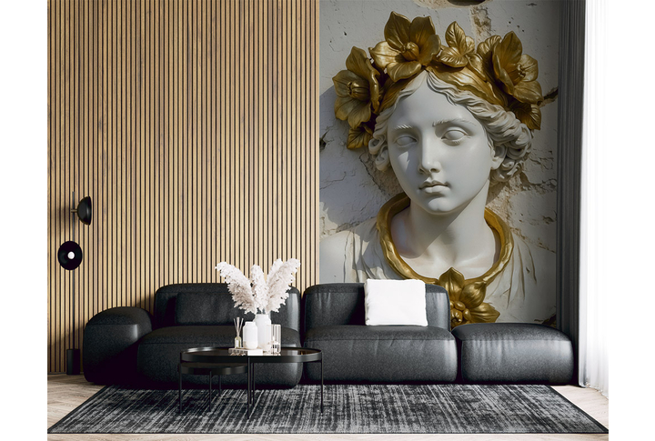 Фотообои «Барельеф каменная дева с золотыми цветами» в интерьере