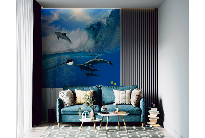 Фотообои «Дельфины под волной» в интерьере
