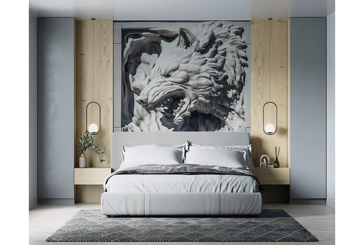 Фотообои «Волк из камня под барельеф» в интерьере