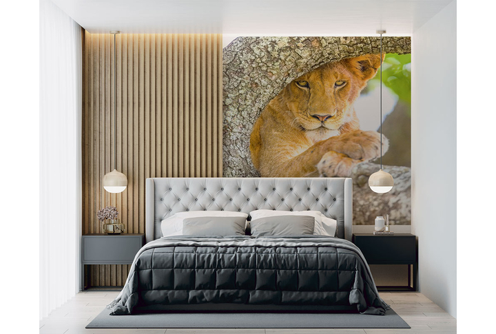 Фотообои «Львица на дереве» в интерьере