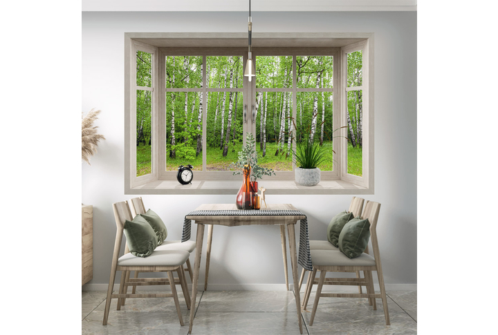 Фотообои «Окно с видом на березовый лес» в интерьере